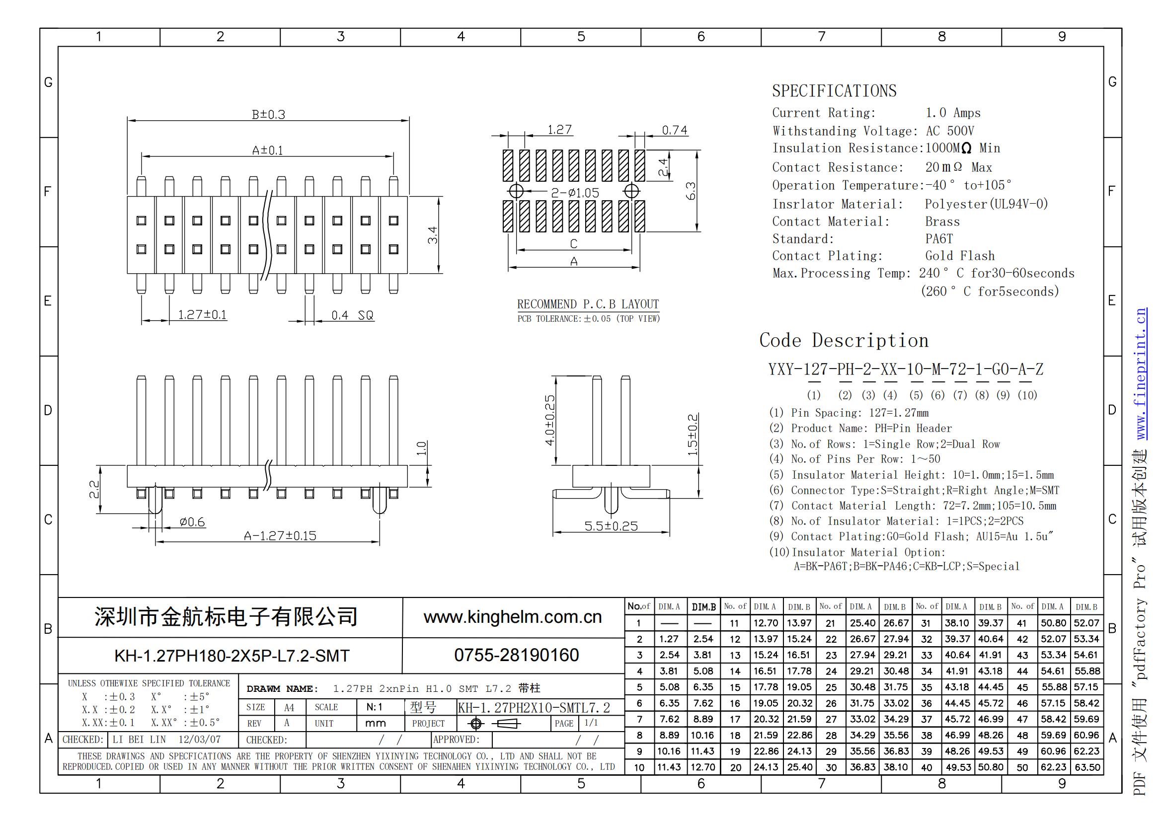 C4943297_排針_KH-1.27PH180-2X5P-L7.2-SMT_規(guī)格書_KINGHELM(金航標(biāo))排針規(guī)格書_00.jpg